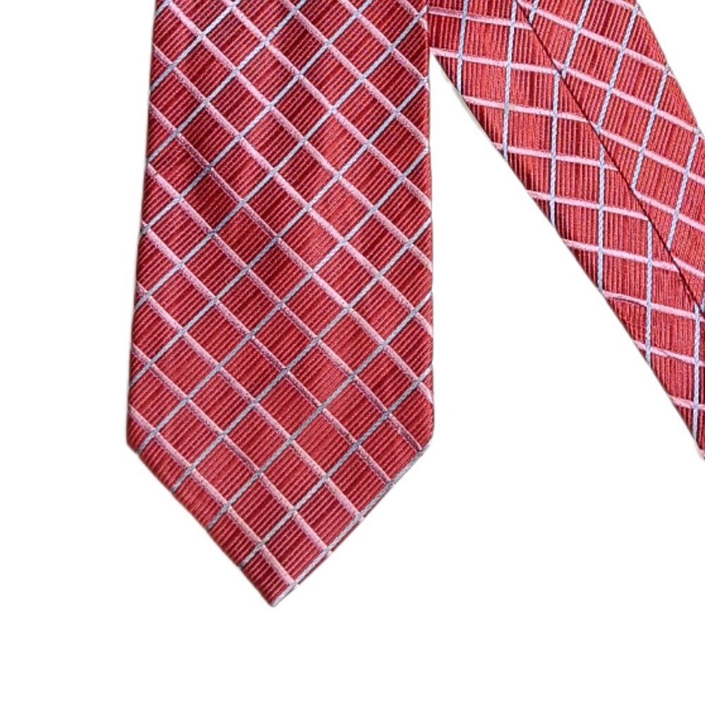 Jhane Barnes Silk Tie Men’s Long 62” Red Pink Blue Woven Plaid Designer Wide New